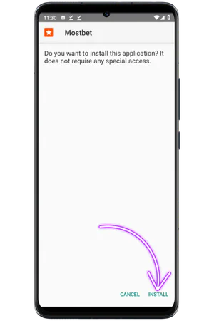Mostbet app Android install button screen