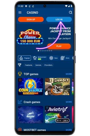 Mostbet app home screen login button