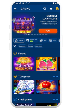 MostBet main page in application