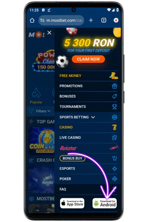 Mostbet side menu download Android button